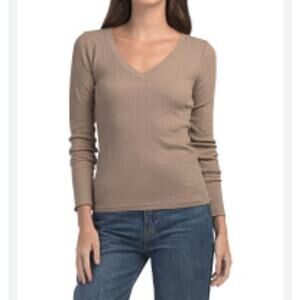 Elie Tahari Tan Ribbed Long Sleeve Women's Sweater V-Neck Size L NWT Pullover
